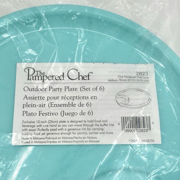 Set Of 6 THE PAMPERED CHEF 2823 10" Picnic Outdoor Party Plates Blue & Green NEW - Picture 2 of 7